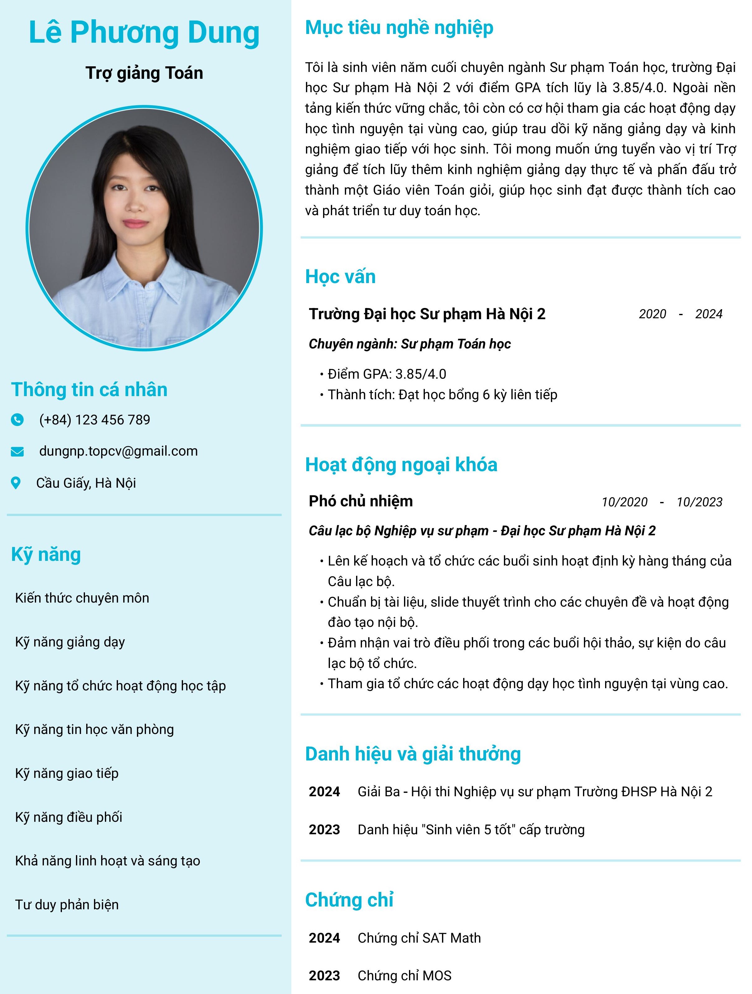 Mẫu CV Trợ giảng chưa có kinh nghiệm